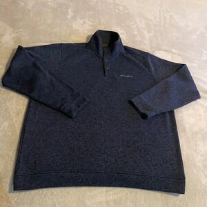 Eddie Bauer Mens XXL Blue Heathered Snap‎ Mock Neck Fleece Pullover Sweater